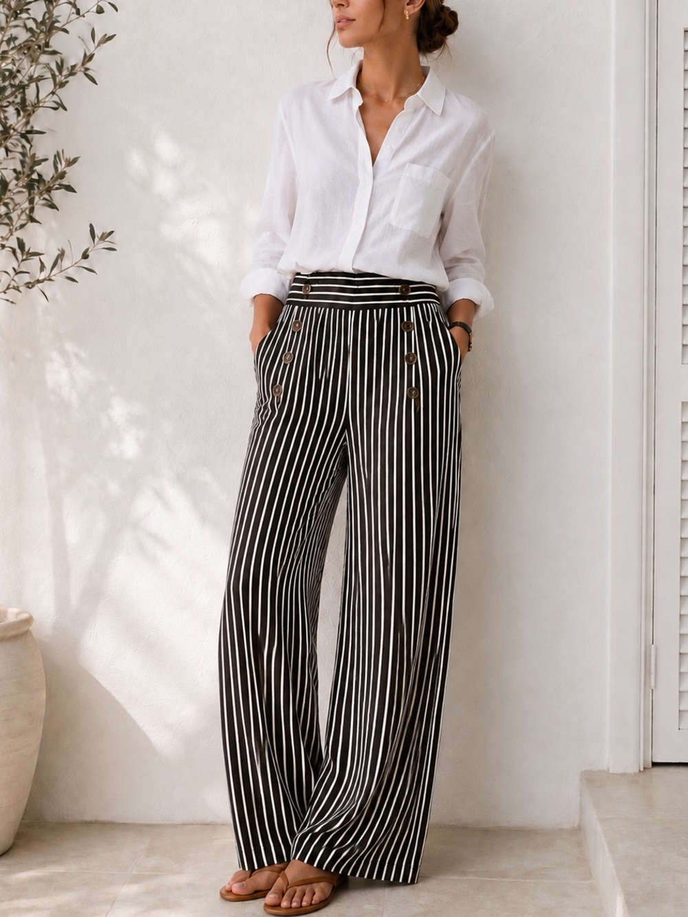 Robert Louis Sailor Pants L Striped Wide Leg High Rise Button Detail Nautical